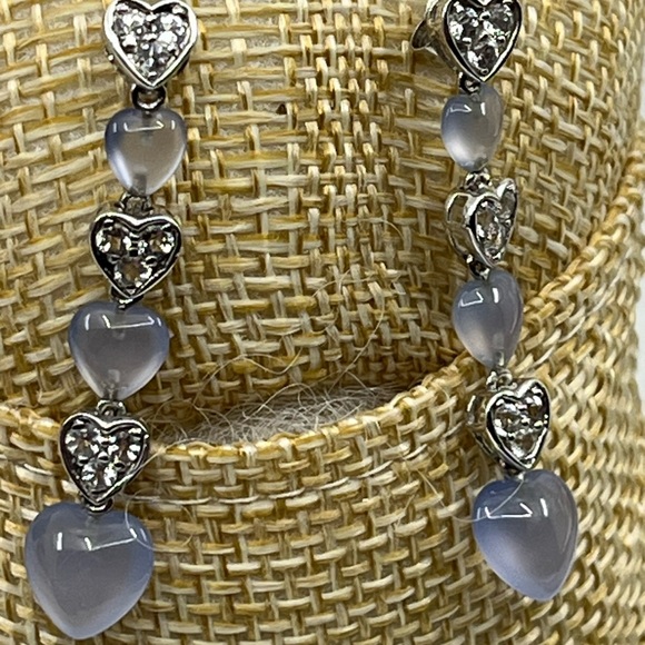 Vintage 10K White Gold Blue Chalcedony and White Topaz Heart Drop Earrings 1999 - Picture 7 of 13